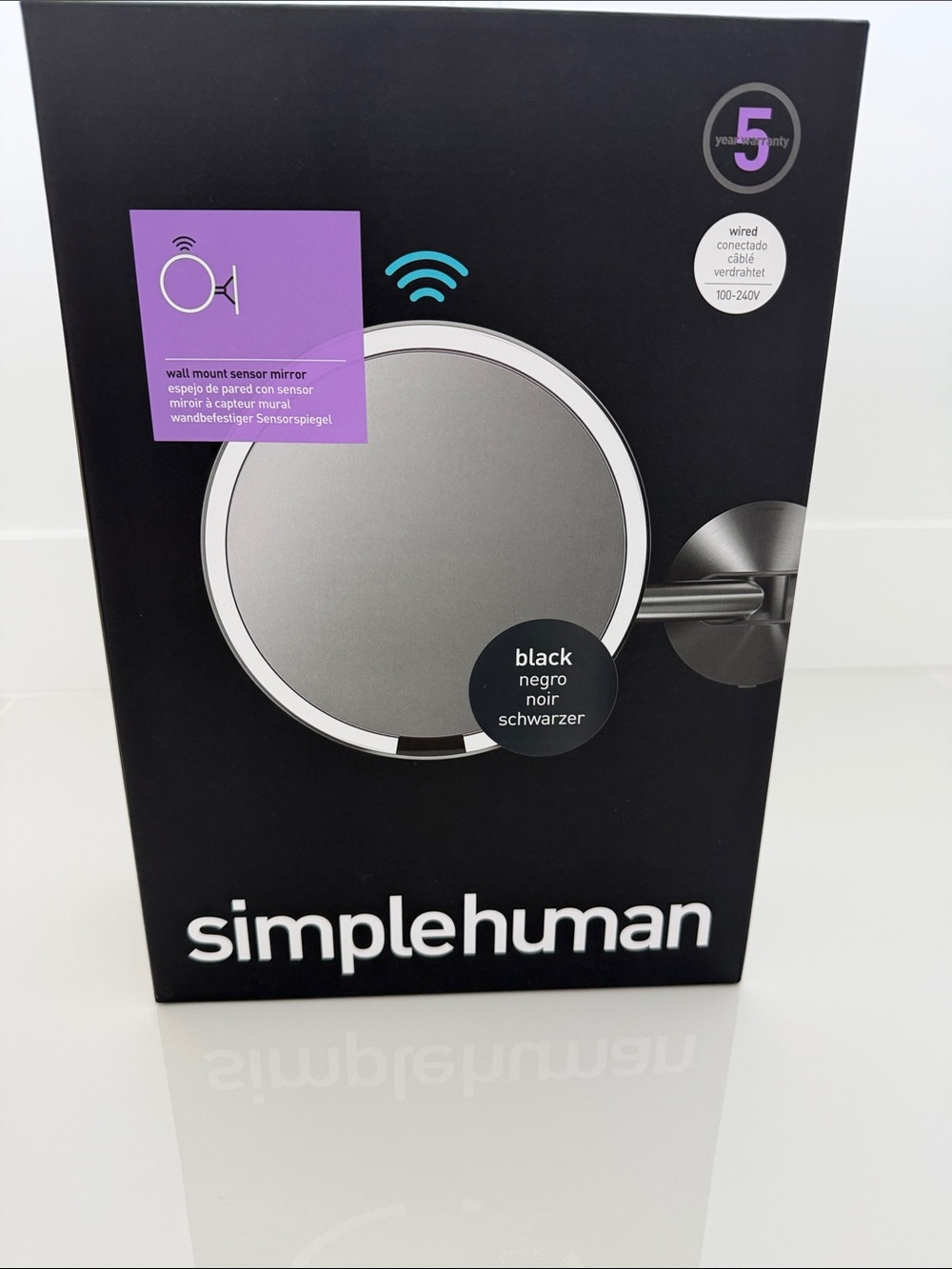 simplehuman Black Wall-Mount Sensor Mirror with LED
